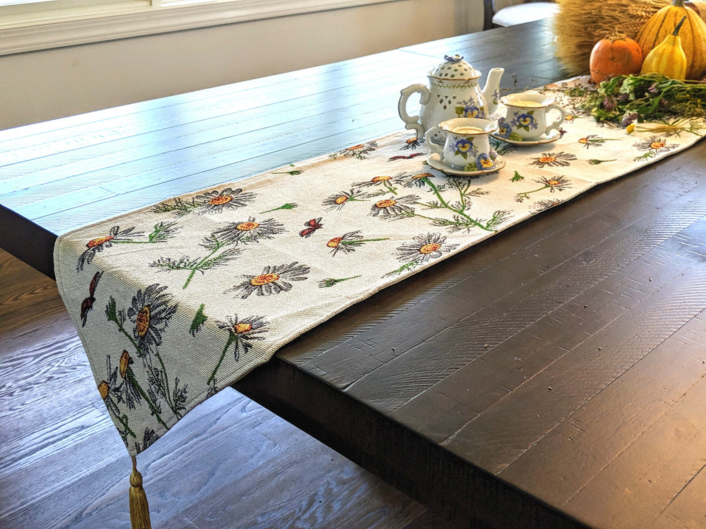 Tache Floral Yellow Daisies Ladybugs Ivory Woven Tapestry Table Runner (18114)