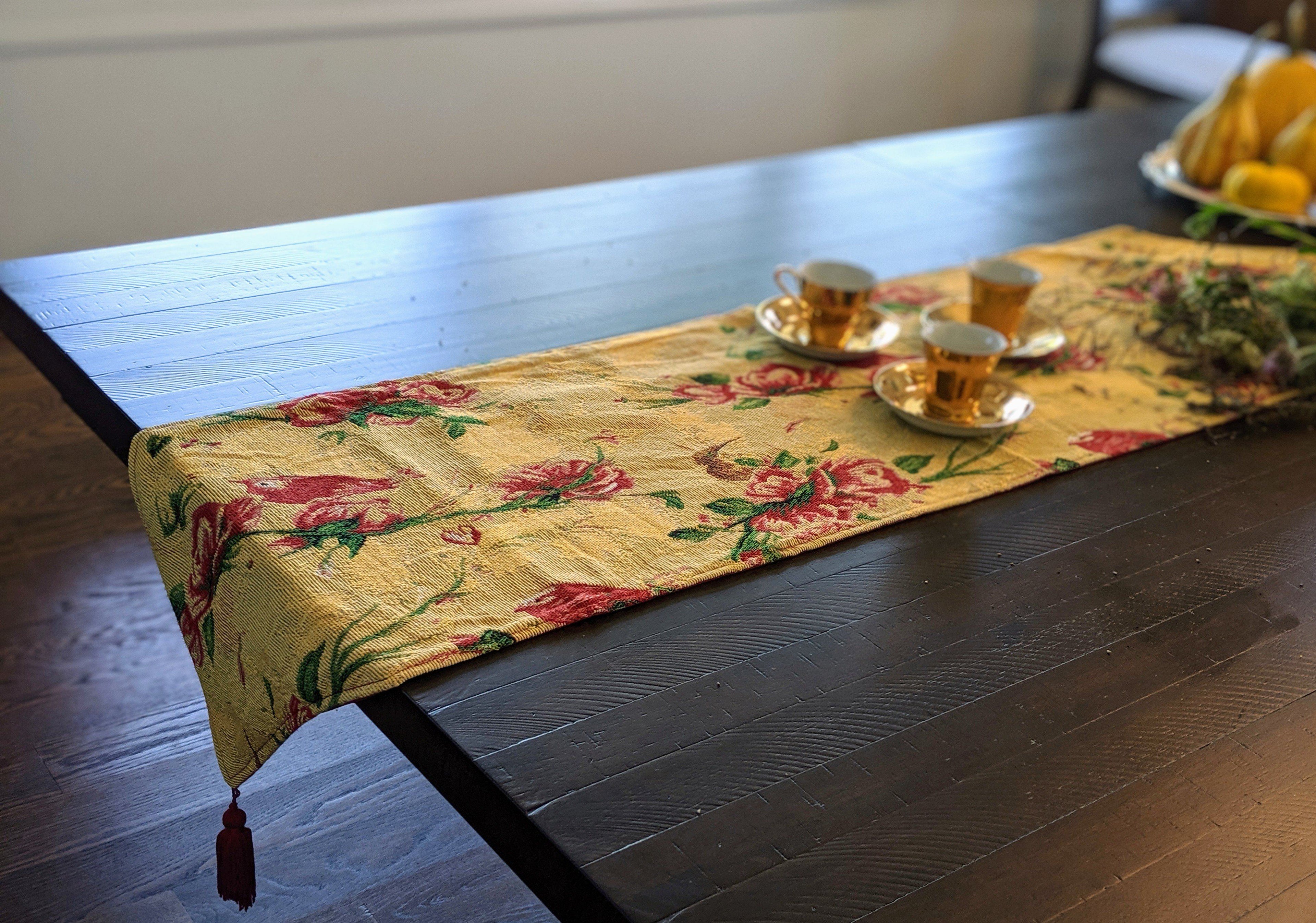 Tache Golden Woven Tapestry Table Runner - Red Roses & Hummingbirds (18115)