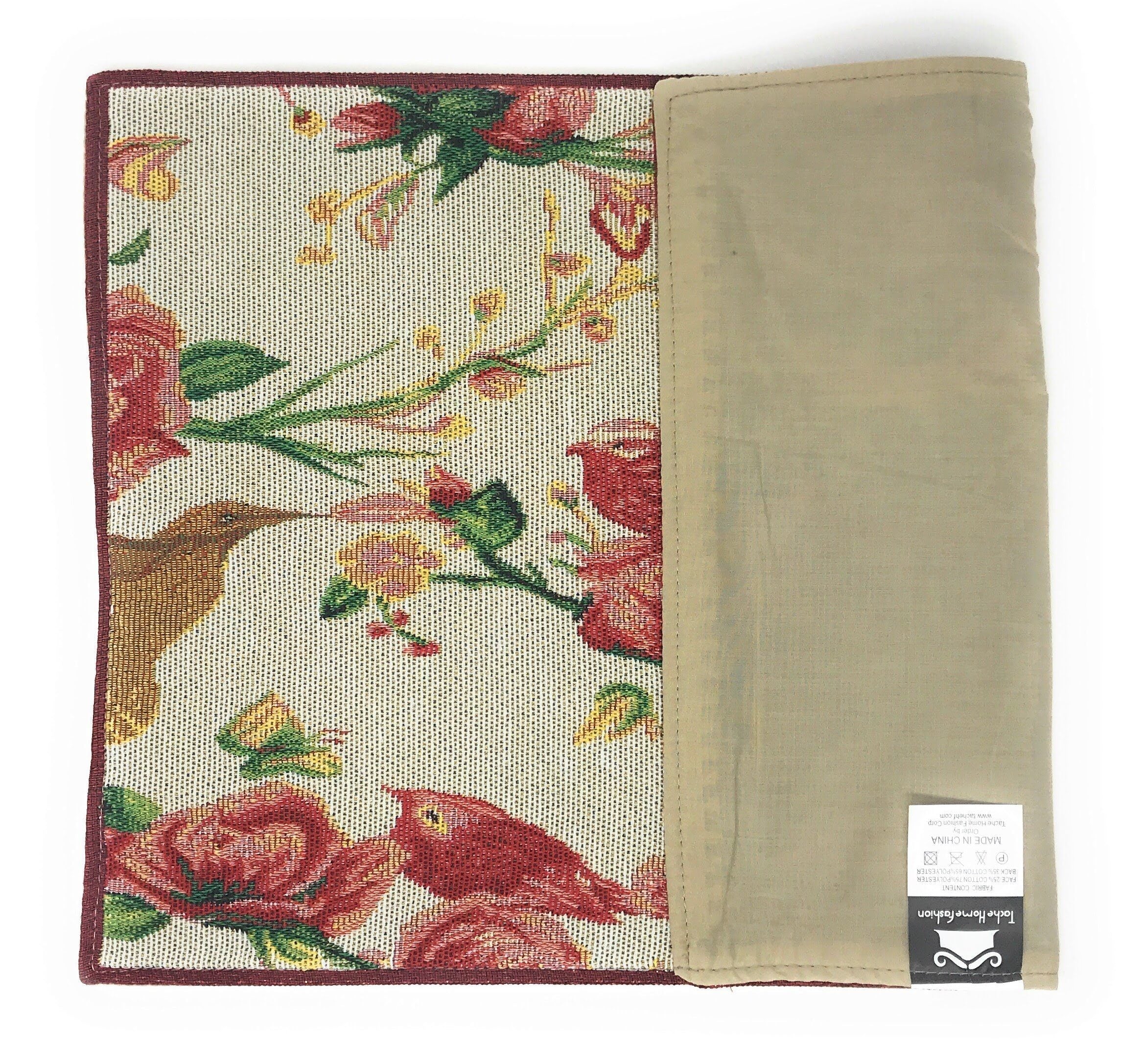 Tache Floral Red Roses Hummingbirds Woven Tapestry Placemat Set (18109)