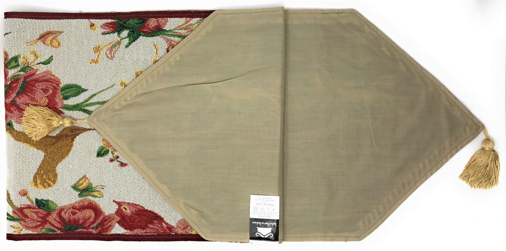 Tache Floral Red Roses Hummingbirds Ivory Woven Tapestry Table Runner (18109)