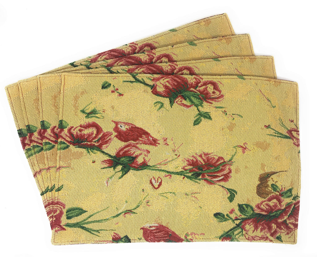 Tache Floral Red Roses Hummingbirds Golden Woven Tapestry Placemat Set (18115)