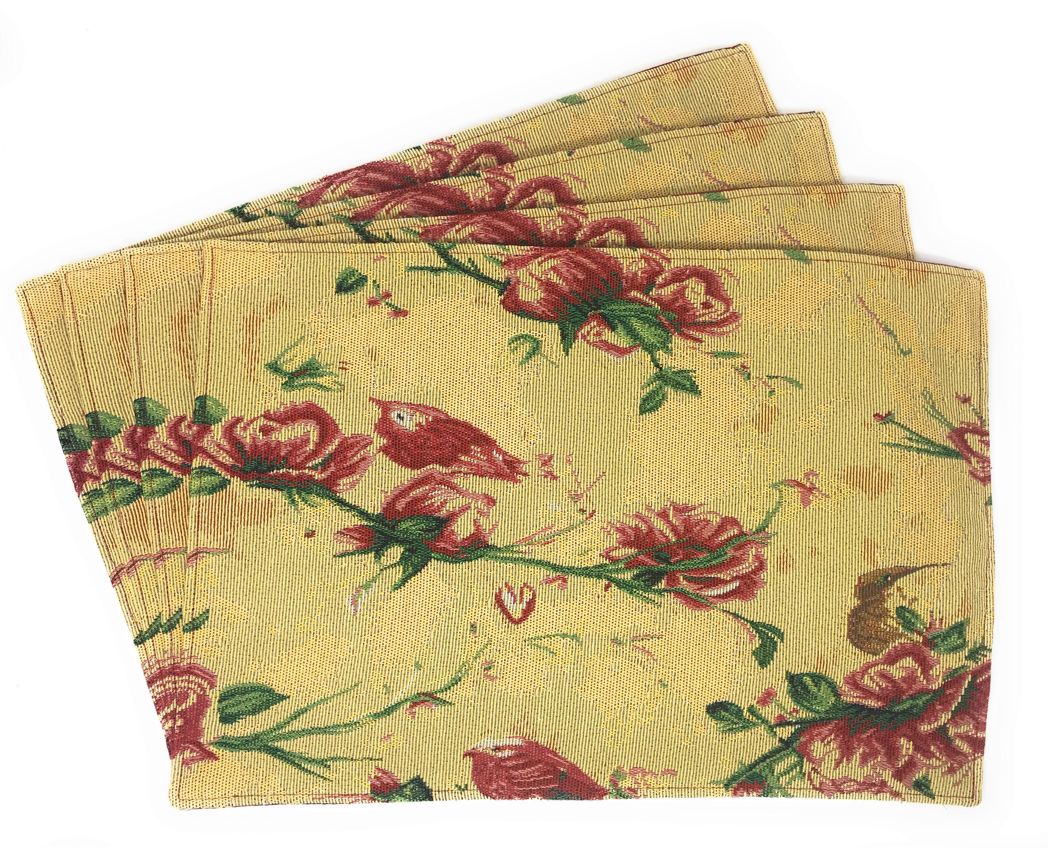 Tache Floral Red Roses Hummingbirds Golden Woven Tapestry Placemat Set (18115)