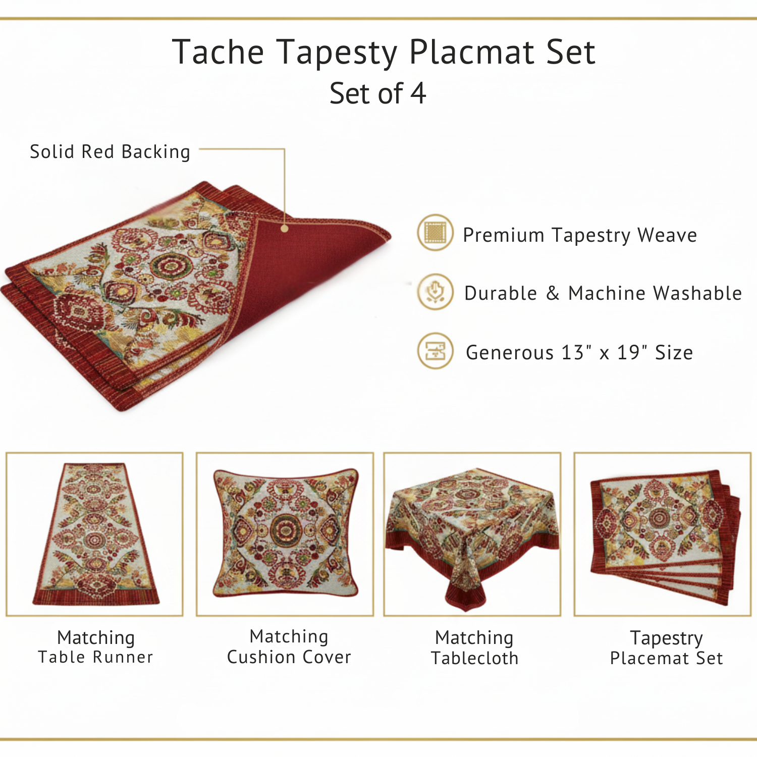 Tache Burgundy Ornate Paisley Woven Tapestry Placemats - Eclectic Modern Dining Set (18194)