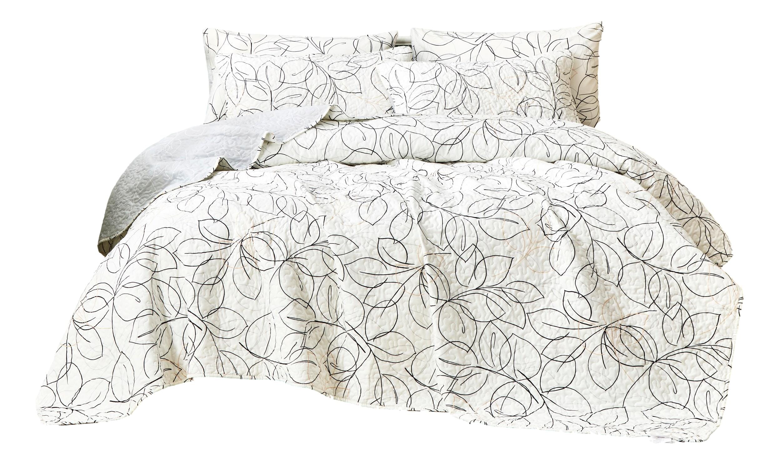 Tache Modern Abstract Leaf Line Art Foliage White Grey Black Gold Reversible Quilt Set (TJ357)