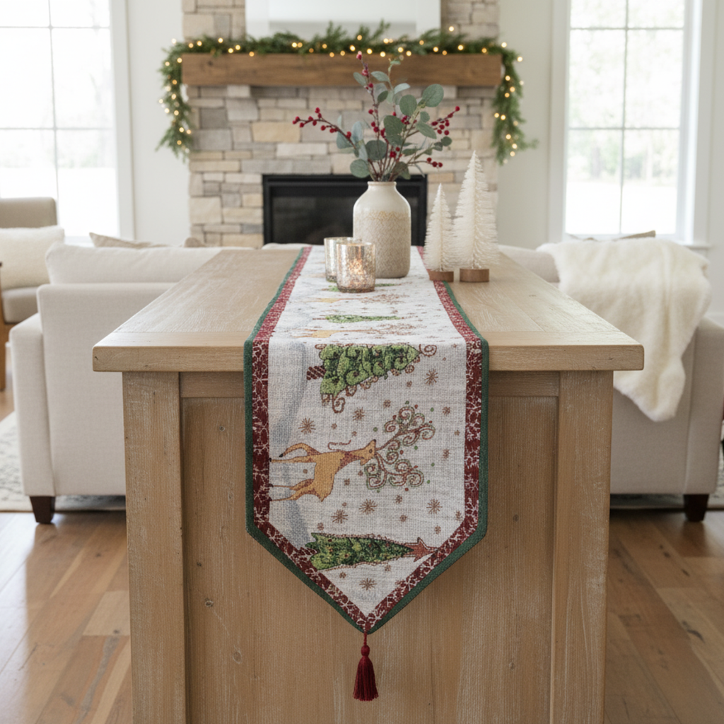Tache Winter Forest Reindeer Vintage Holiday Woven Tapestry Table Runners (9192TR)