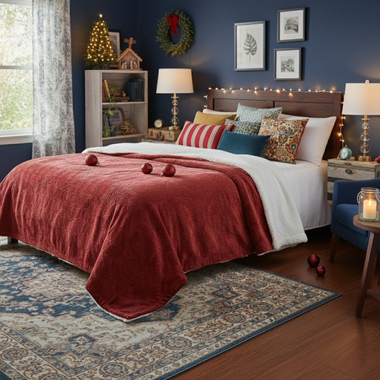 Tache Solid Embossed Merlot Red Reversible Sherpa Throw Blanket (62087)