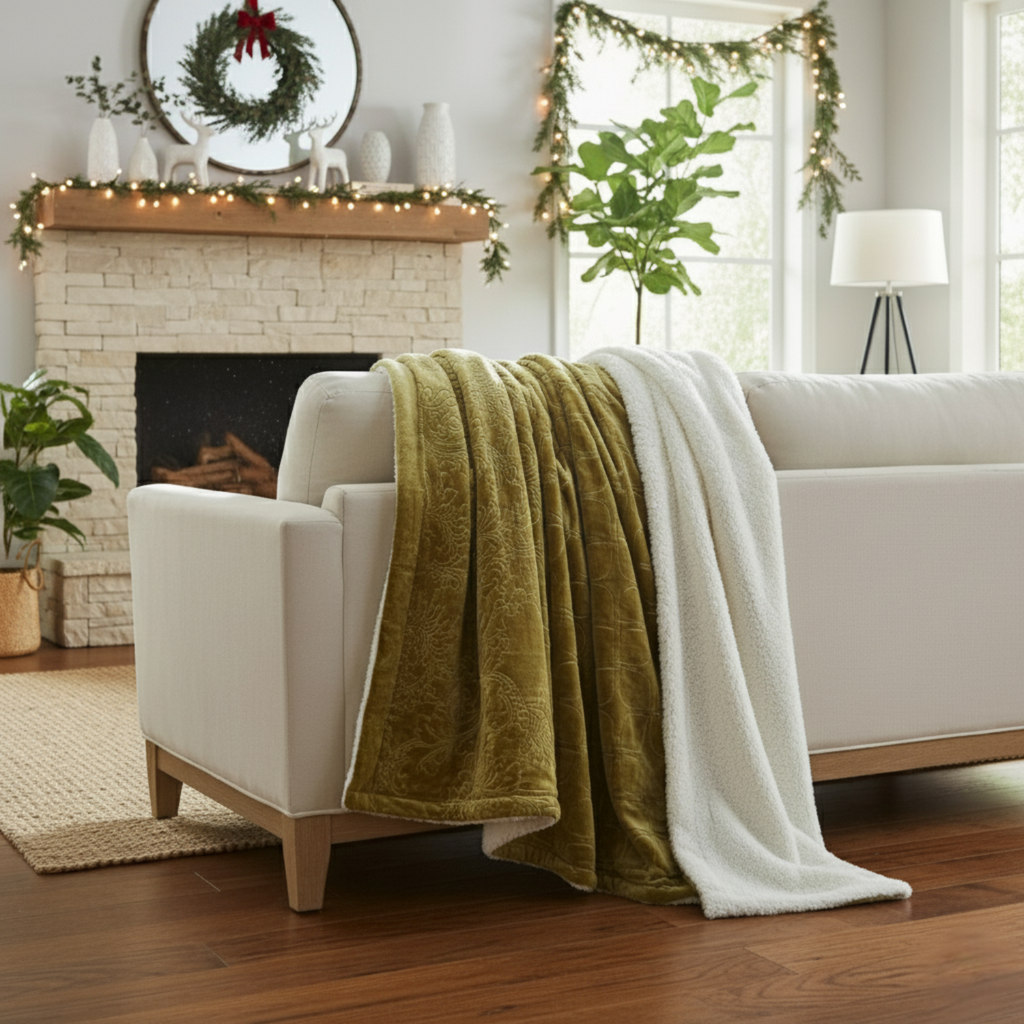 Tache Solid Embossed Green Olive Chartreuse Sherpa Throw Blanket (62096)