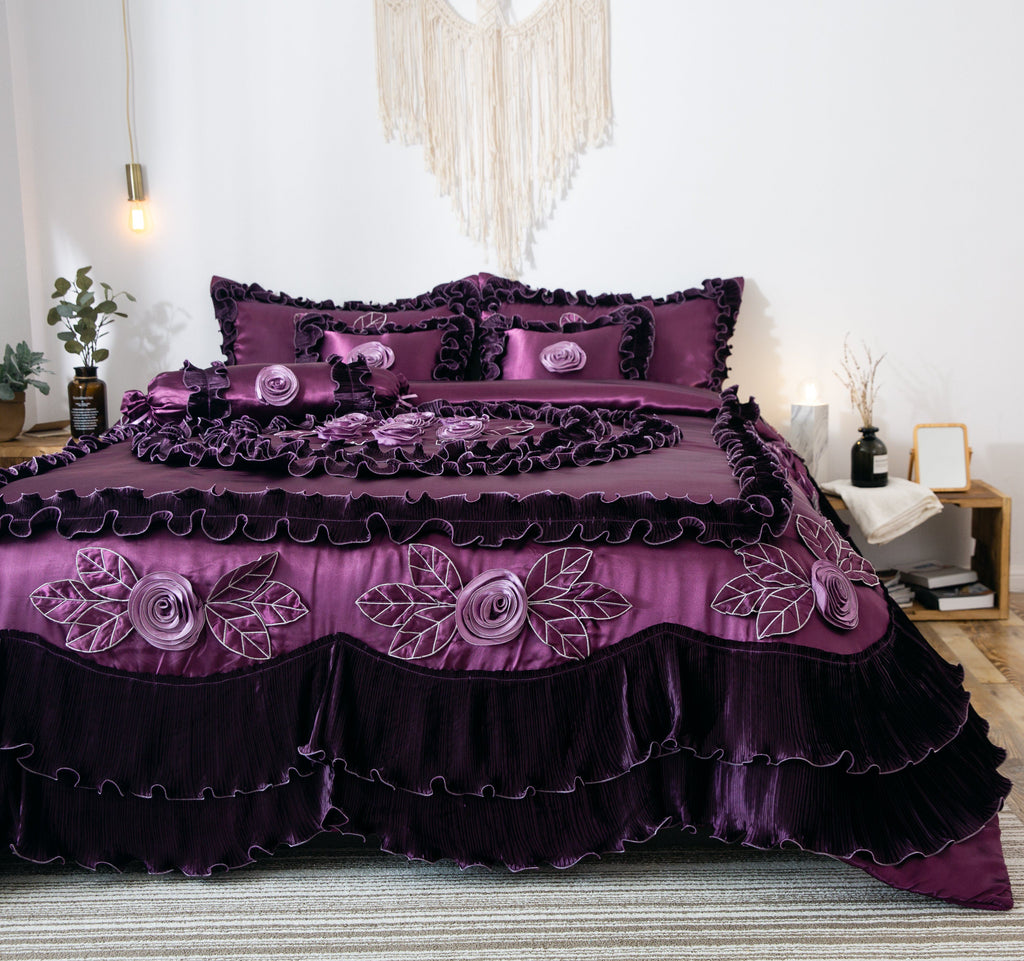 Tache Satin Ruffle Dark Purple Floral Midnight Bloom Comforter (BM-6438)