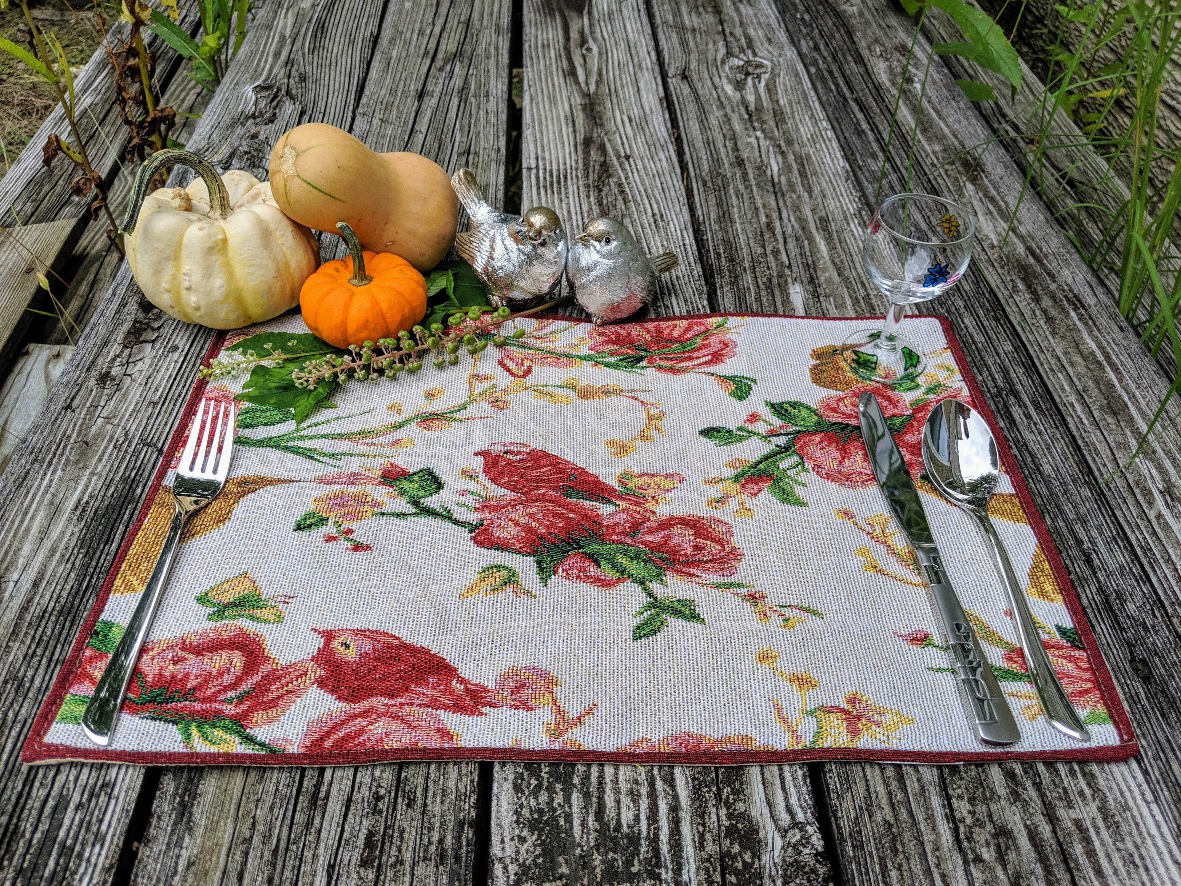 Tache Floral Red Roses Hummingbirds Woven Tapestry Placemat Set (18109)