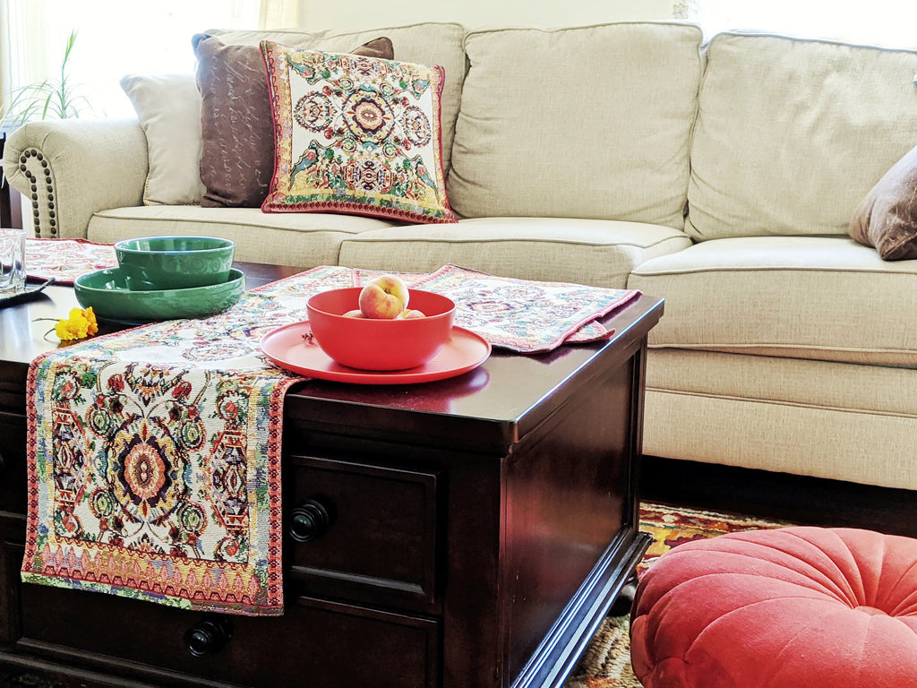 Tache Elegant Ivory Colorful Ornate Paisley Woven Tapestry Table Runner (18193)