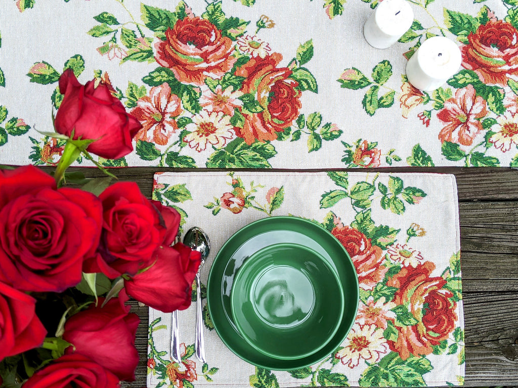Tache Sweet Roses Vintage Ivory Woven Floral Tapestry Table Runners (17593TR)