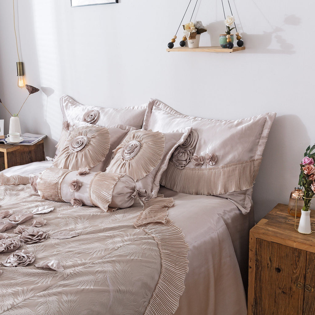 Tache Satin Floral Lace Ruffle Crème Beige Sweet Victorian Luxurious Comforter Set (MZ002C)