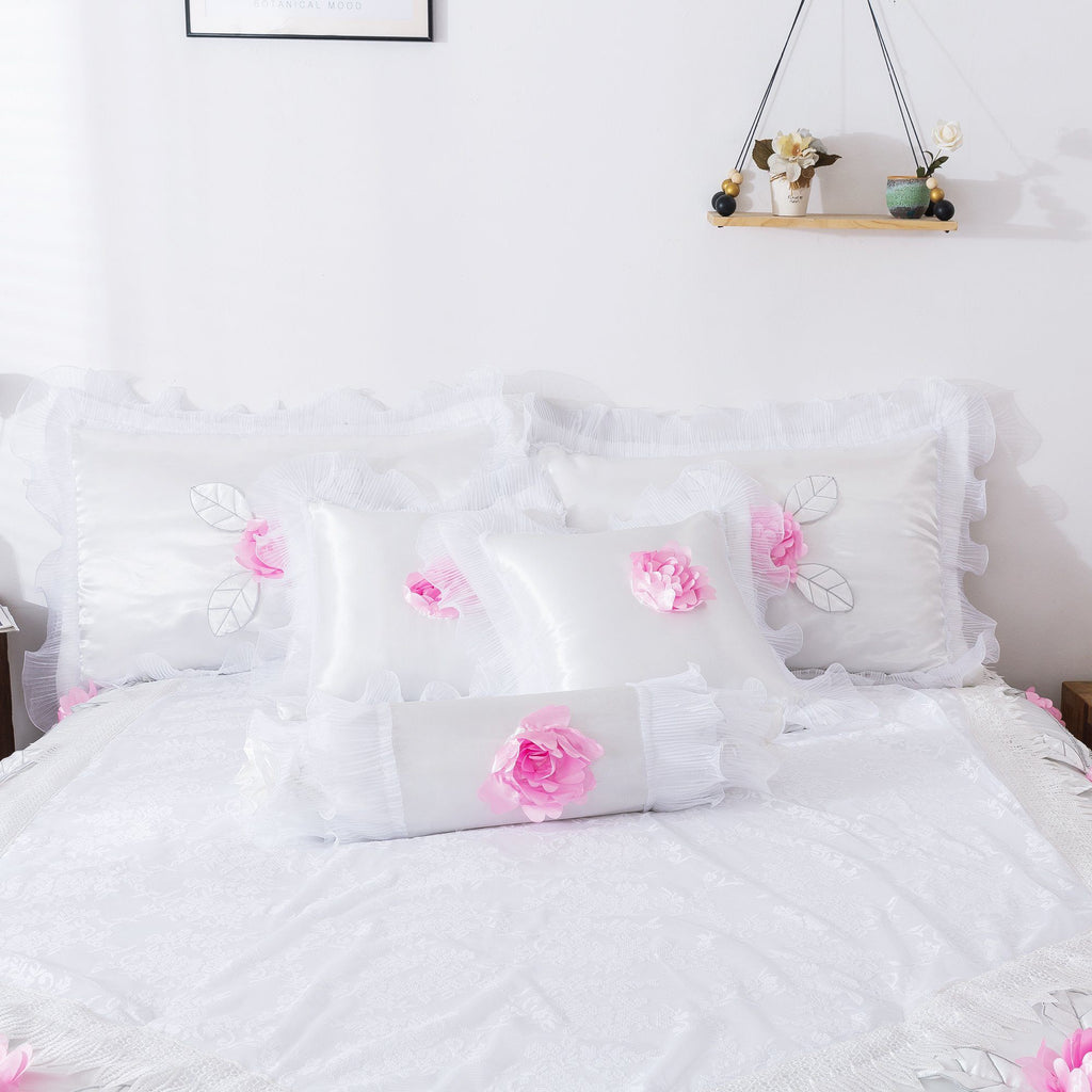 Tache Ruffle Floral Lace Satin White Pink Luxury Delicate Rose Comforter Set (MA125)