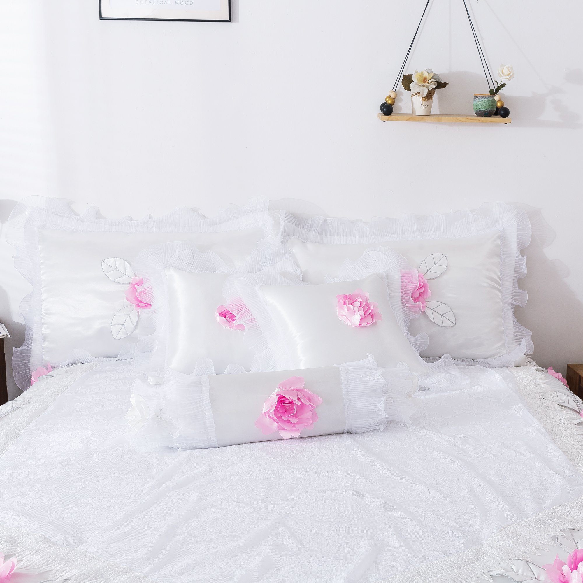 Tache Ruffle Floral Lace Satin White Pink Luxury Delicate Rose Comforter Set (MA125)