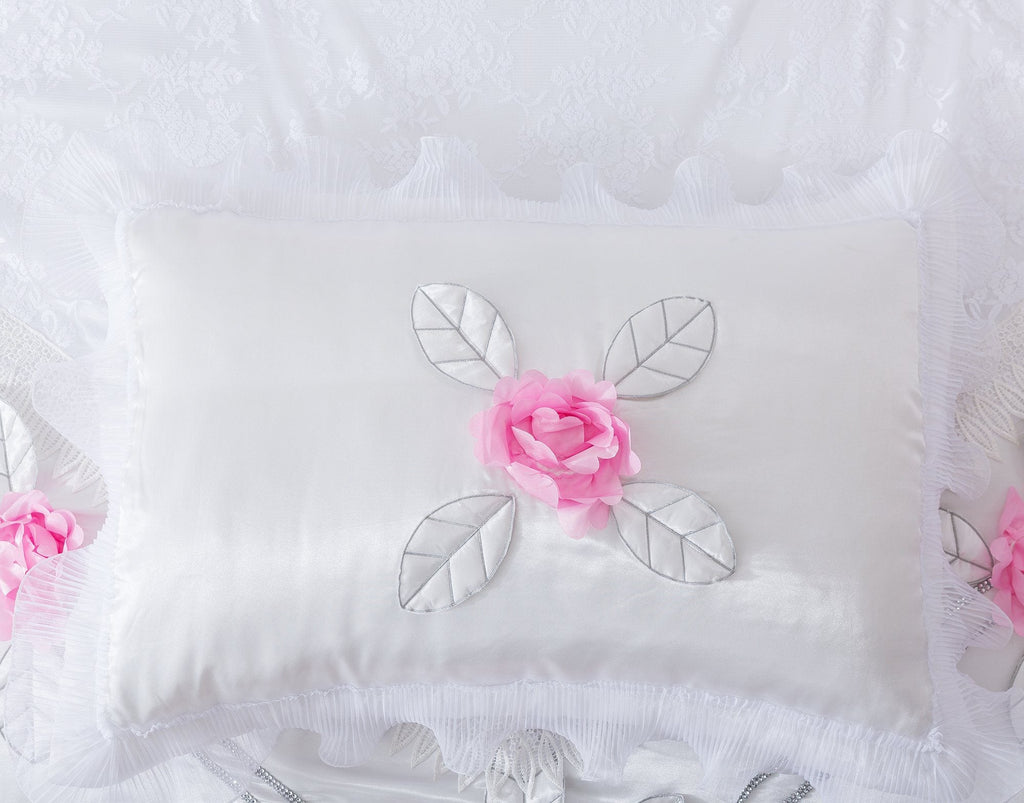 Tache Ruffle Floral Lace Satin White Pink Luxury Delicate Rose Comforter Set (MA125)