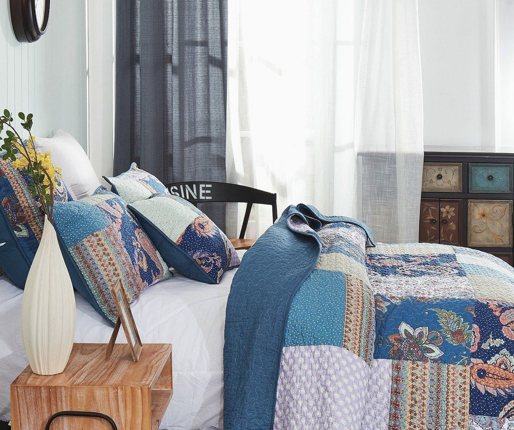 Tache Bohemian Night Flower Paisley Floral Navy Blue Pastel Cotton Patchwork Quilt Set (JHW-882)