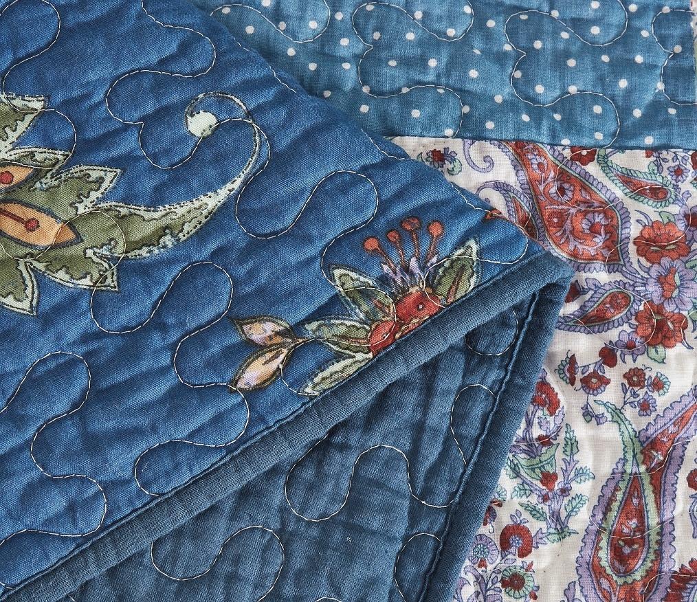 Tache Bohemian Night Flower Paisley Floral Navy Blue Pastel Cotton Patchwork Quilt Set (JHW-882)