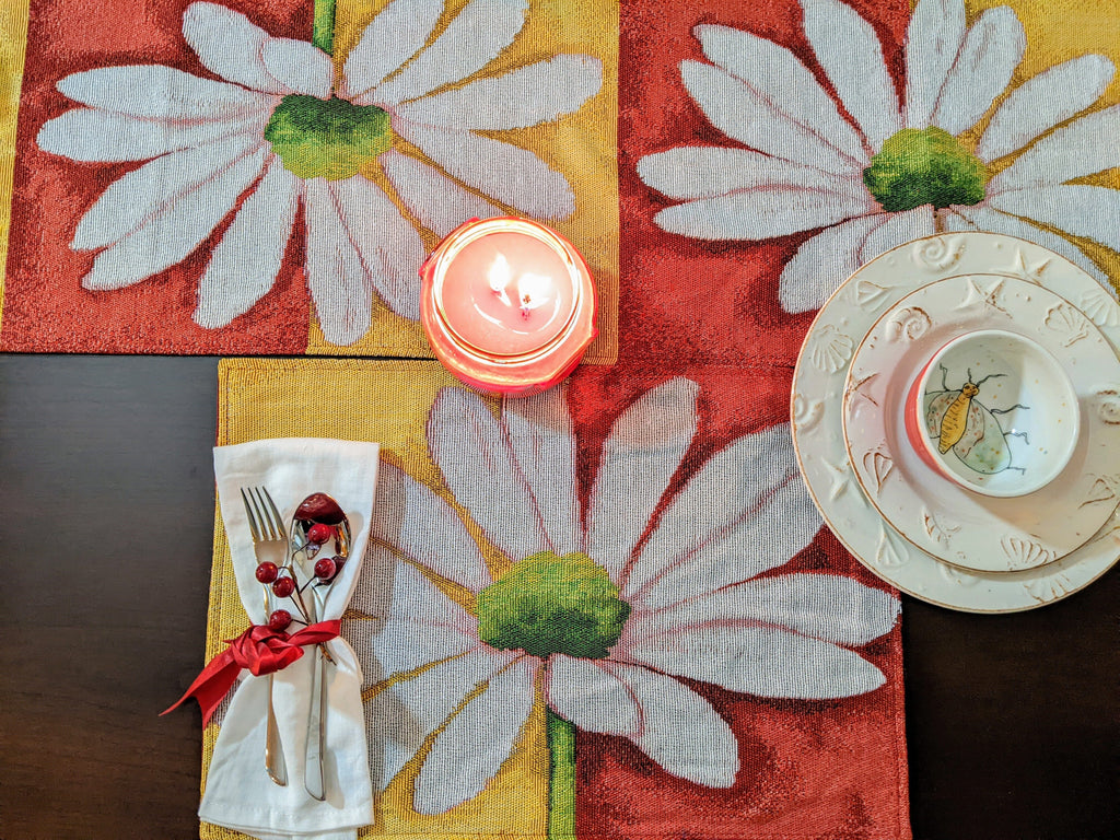Tache Daisy Loves Me Not Floral Red & Yellow Tapestry Placemat Set (9046)