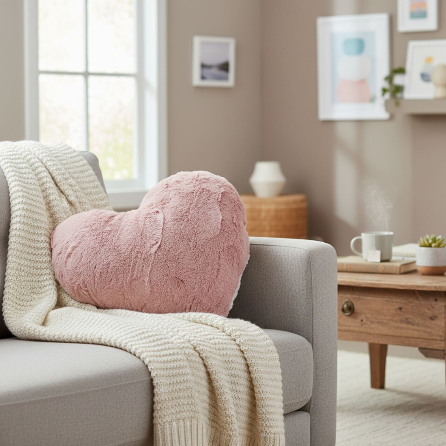 Tache Faux Fur Pink White Heart Shape Throw Pillow (#7)