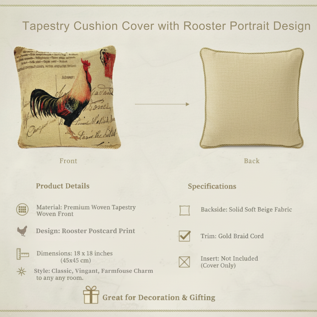 Tache Rooster Postcard European Farmhouse Cottage Vintage Tapestry Woven Throw Pillow Cover (15051)