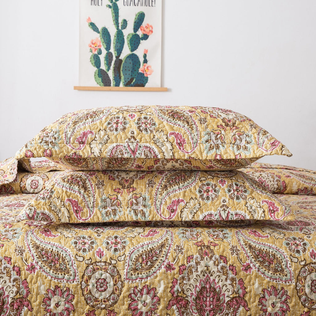 Tache Royal Medallion Floral Paisley Damask Yellow Pink Boho Chic Quilt Set (SD5357)
