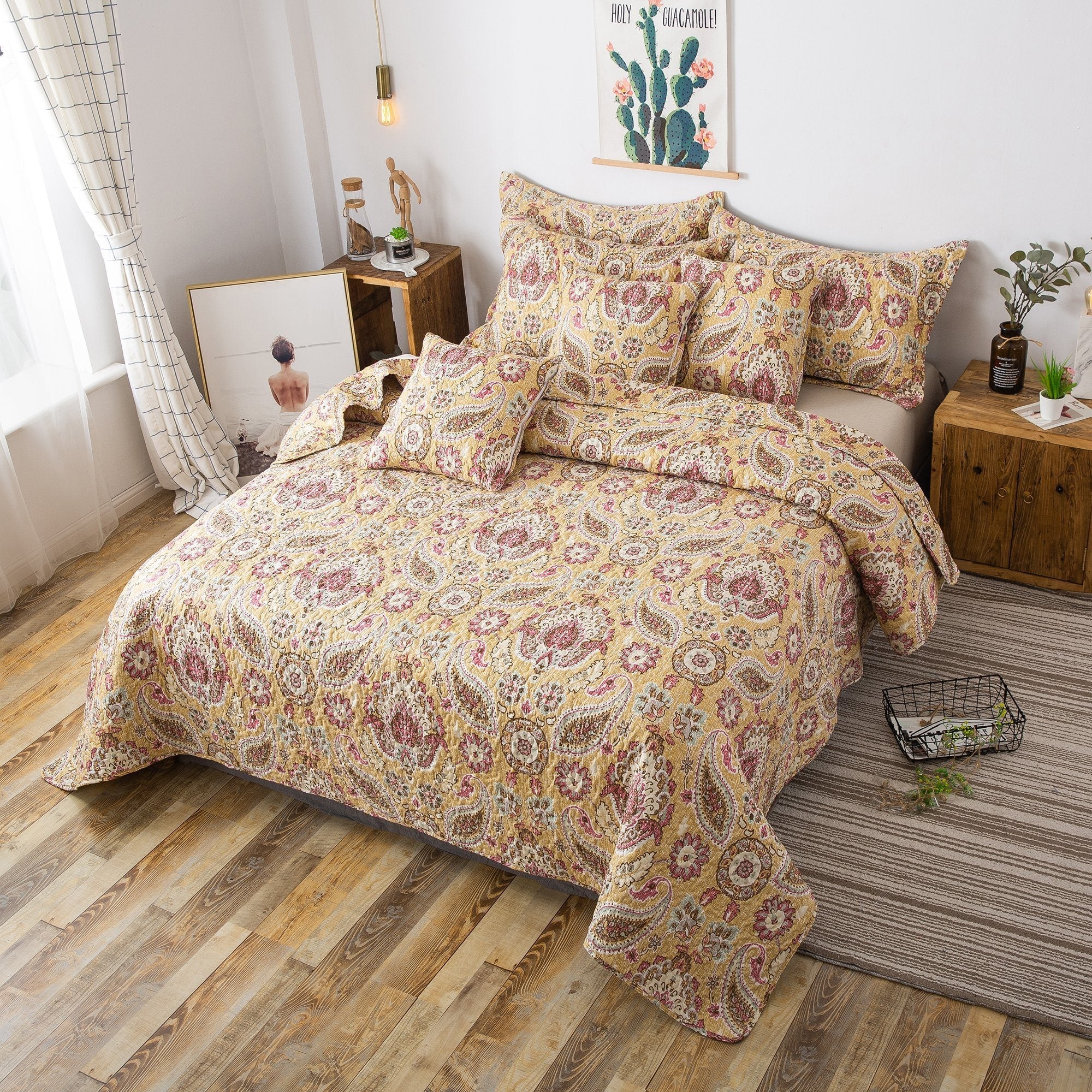 Tache Royal Medallion Floral Paisley Damask Yellow Pink Boho Chic Quilt Set (SD5357)