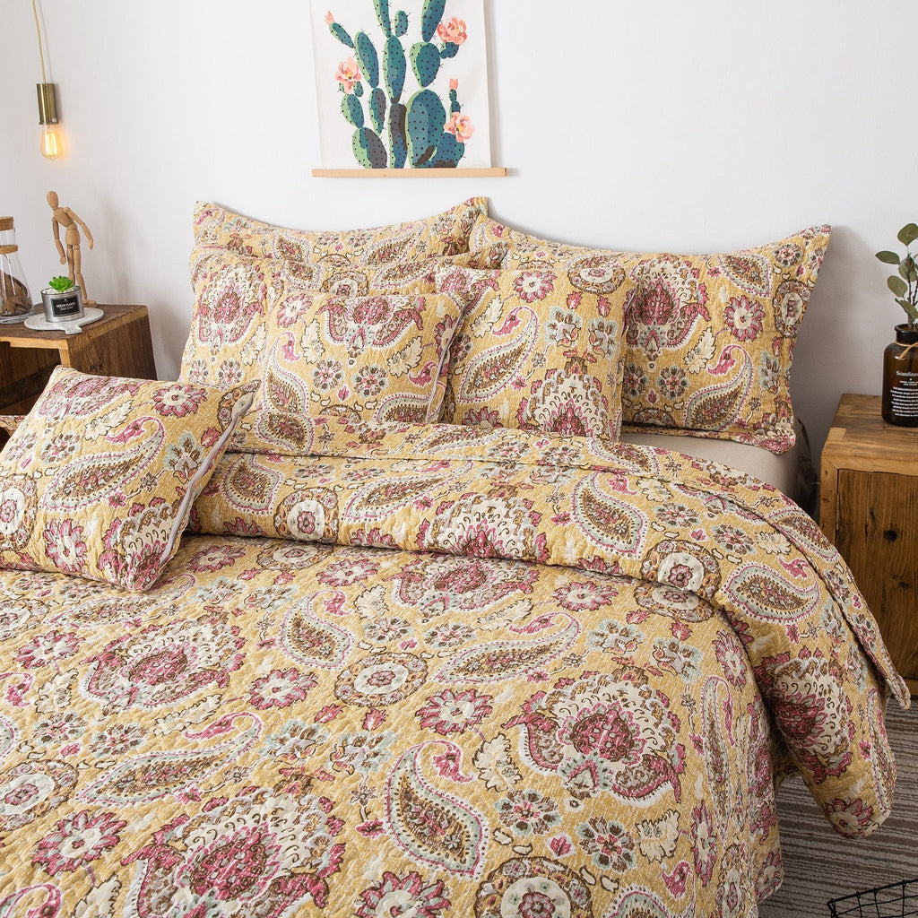 Tache Royal Medallion Floral Paisley Damask Yellow Pink Boho Chic Quilt Set (SD5357)