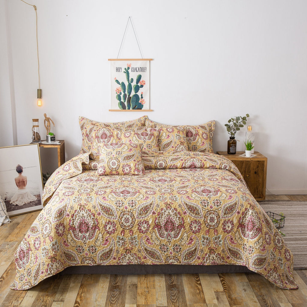 Tache Royal Medallion Floral Paisley Damask Yellow Pink Boho Chic Quilt Set (SD5357)