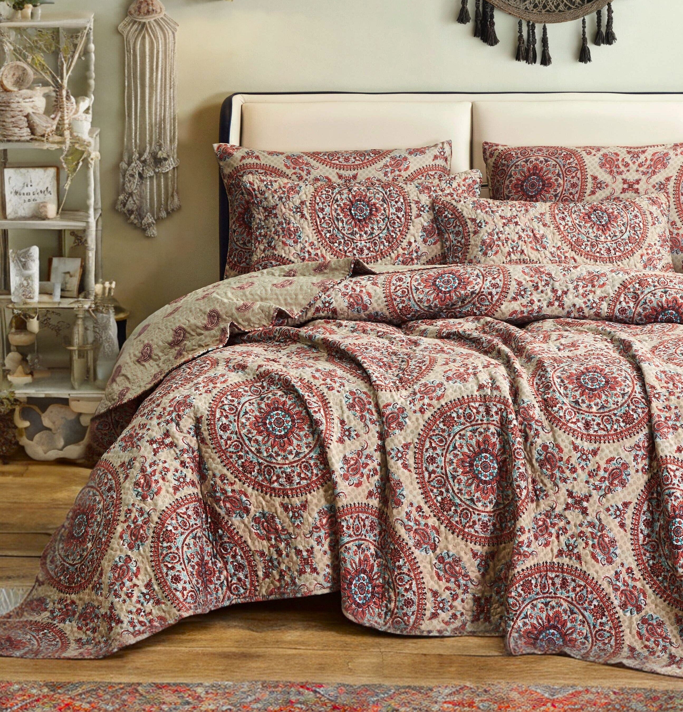 Tache Bohemian Desert Medallion Boteh Paisley Orange Blue Taupe Quilt Set (TJ3502)