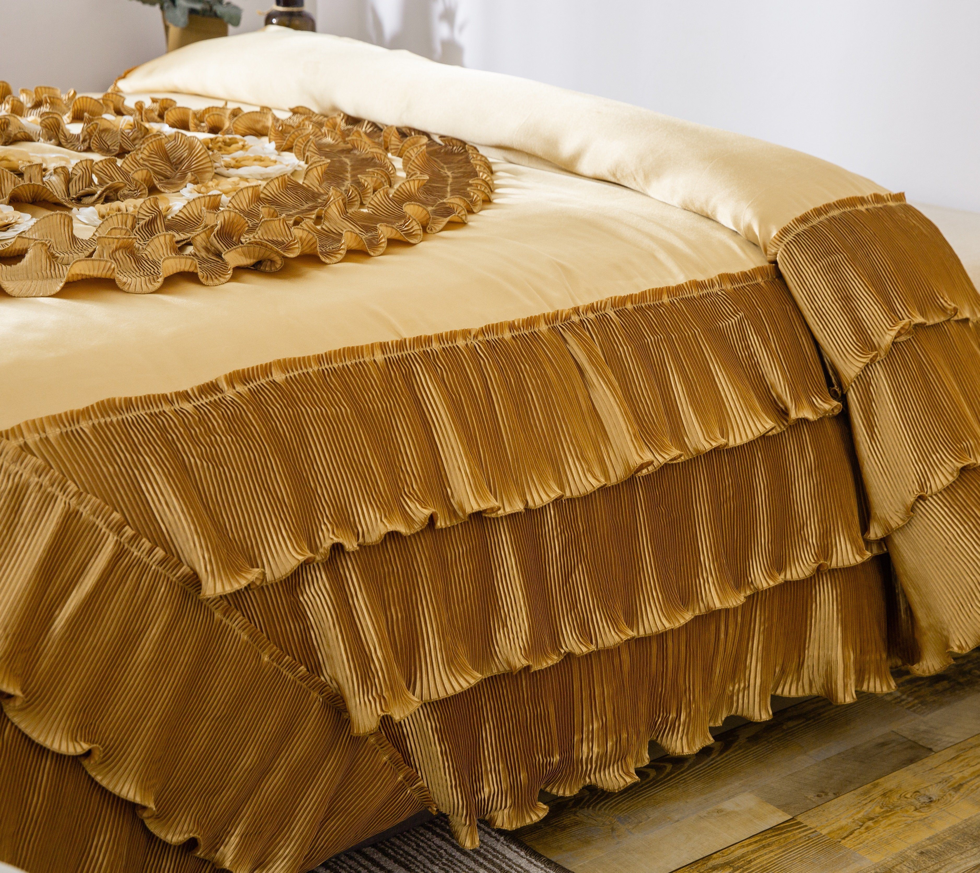 Tache Satin Ruffle Floral Gold Caramel Latte Comforter (BM4578)
