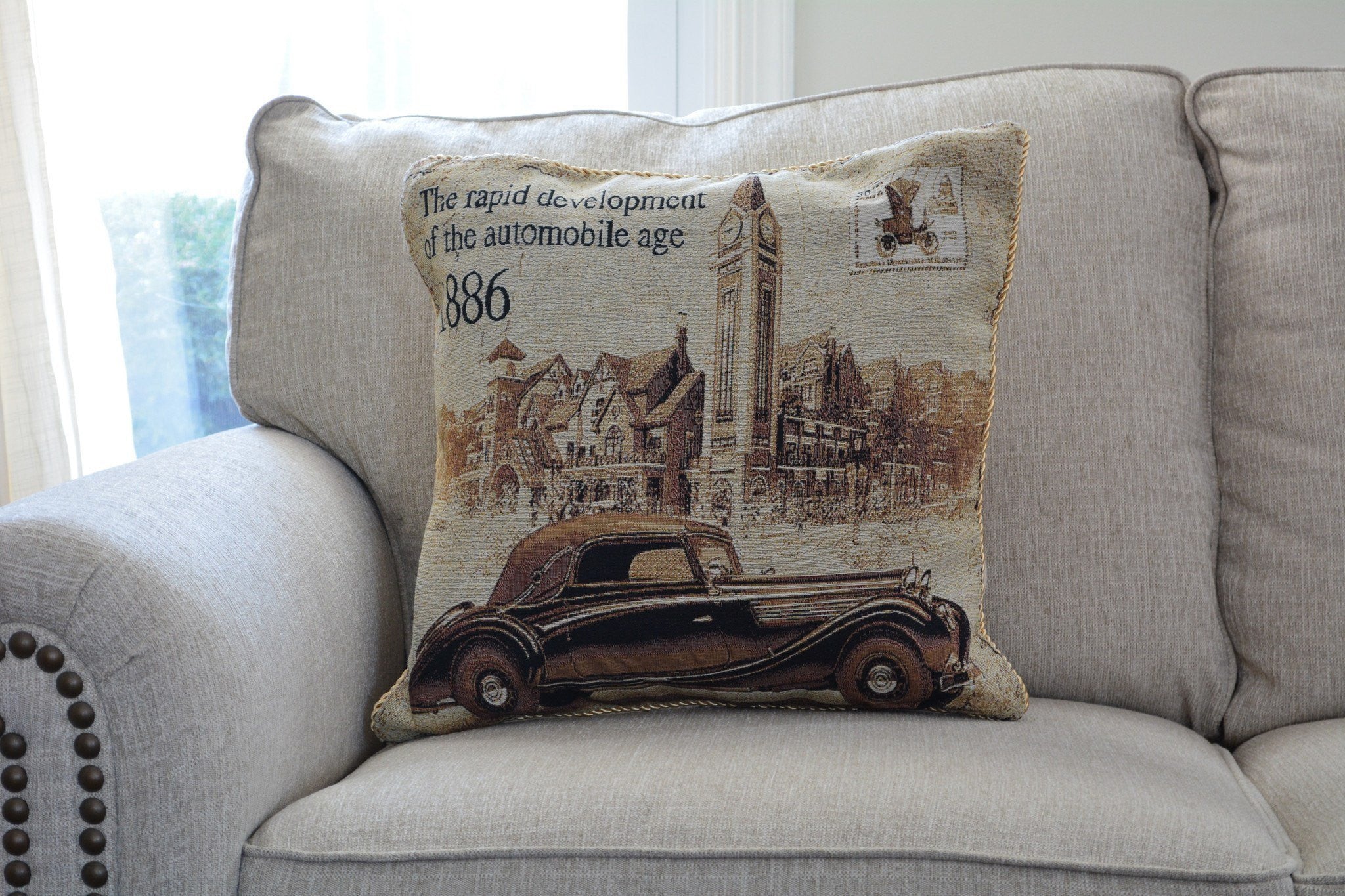 Tache Drive Benz into Town Big Ben London Postcard Vintage Throw Pillow Cover (16543)