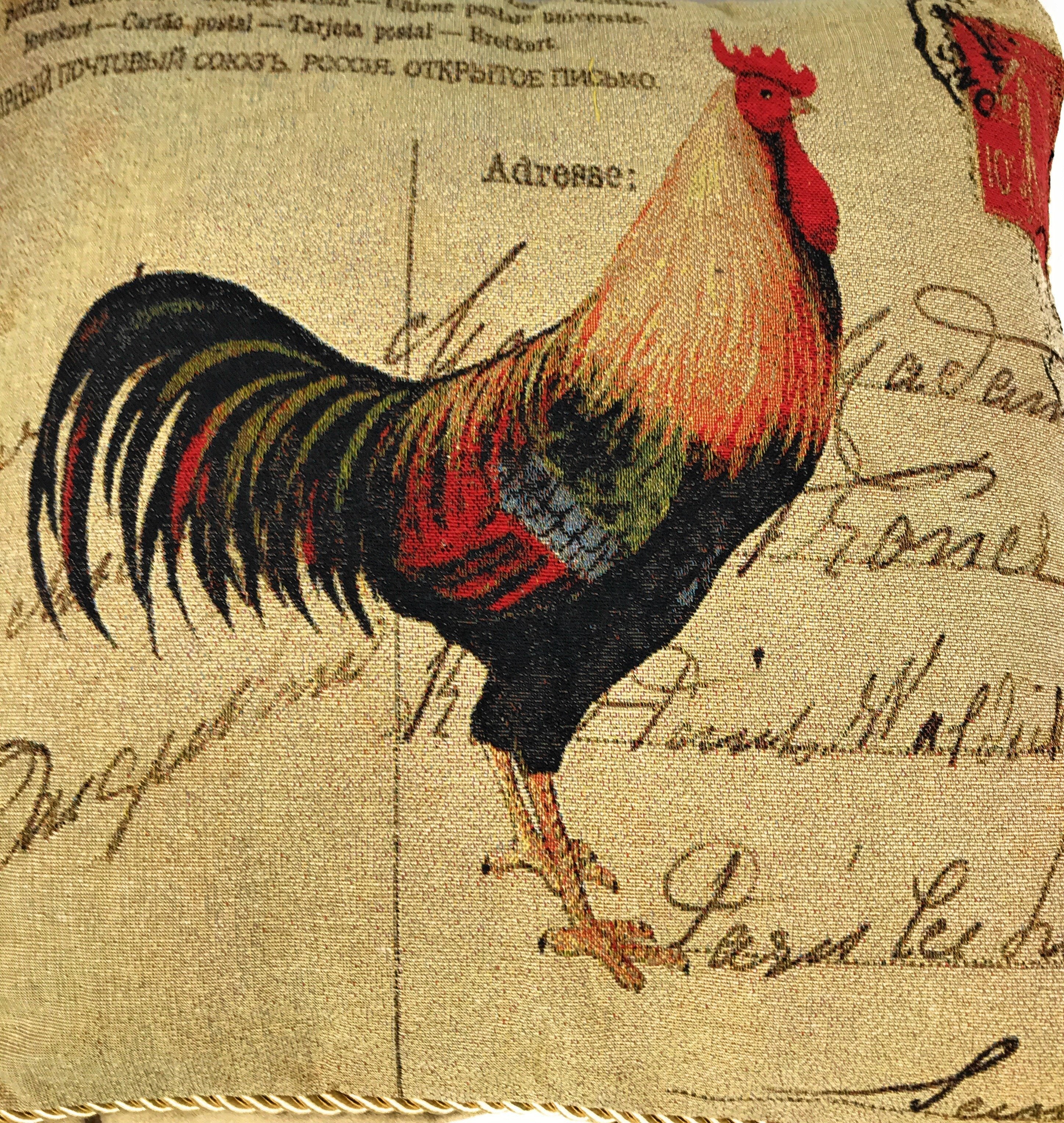 Tache Rooster Postcard European Farmhouse Cottage Vintage Tapestry Woven Throw Pillow Cover (15051)