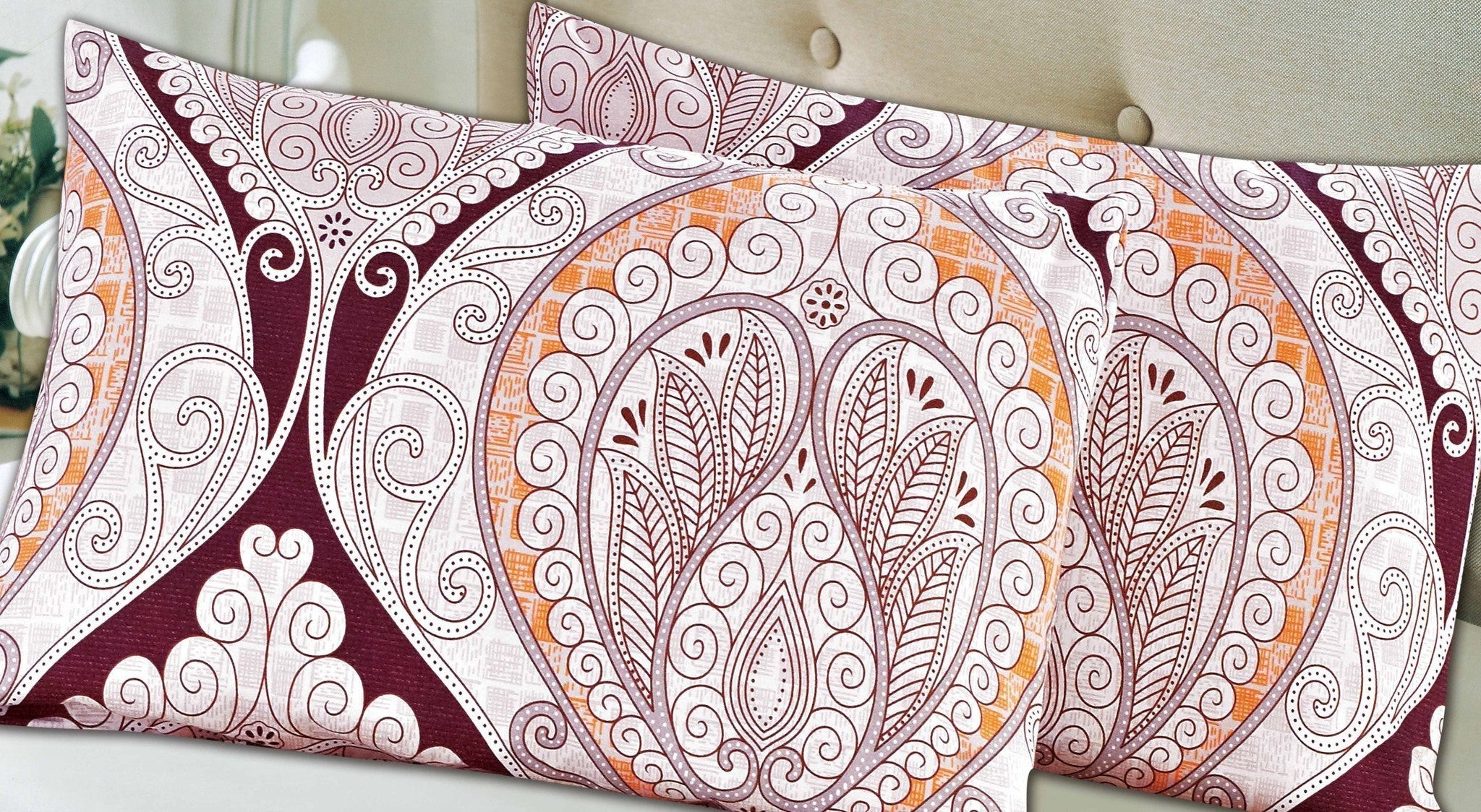 Tache Maroon Mandala Ivory Damask Pillowcases (2131-PC)