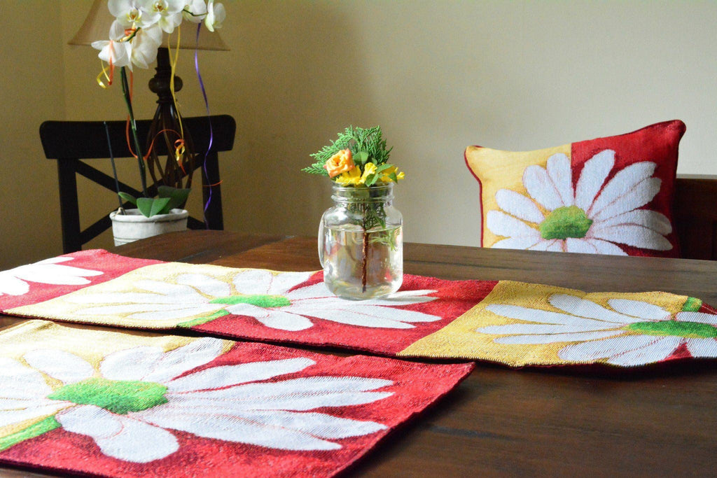 Tache Daisy Loves Me Not Floral Red & Yellow Tapestry Placemat Set (9046)