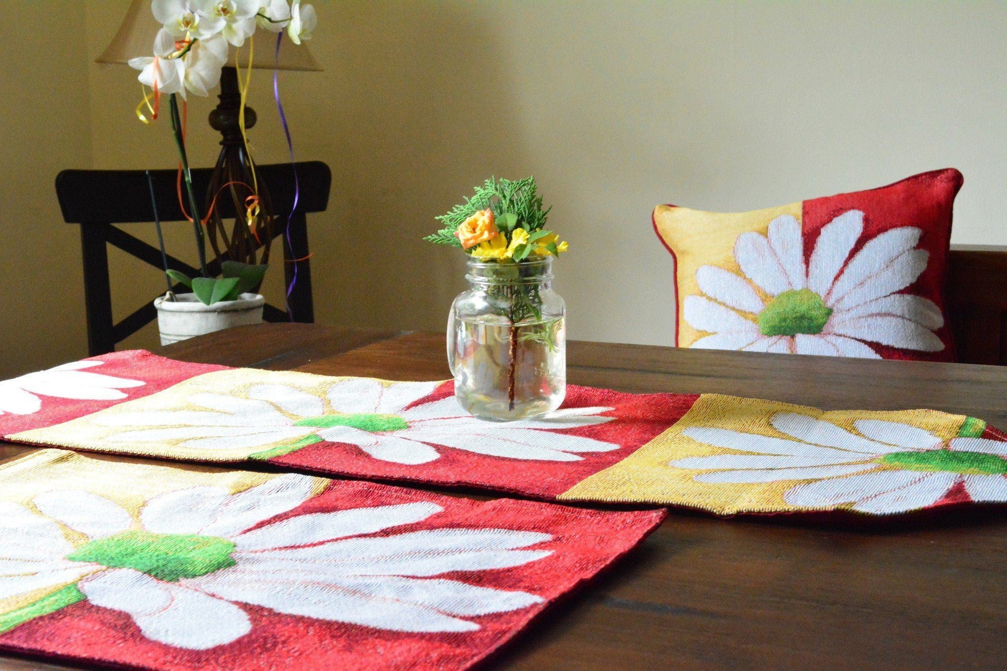 Tache Daisy Loves Me Not Floral Red & Yellow Tapestry Placemat Set (9046)